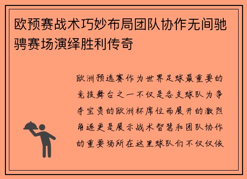 欧预赛战术巧妙布局团队协作无间驰骋赛场演绎胜利传奇