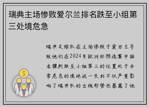 瑞典主场惨败爱尔兰排名跌至小组第三处境危急
